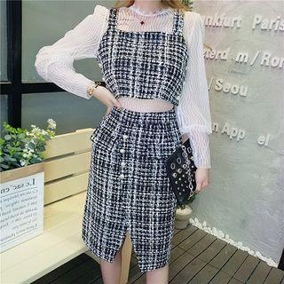 Set: Lace Long-sleeve Top + Plaid Tank Top + Plaid Midi Straight-cut Skirt