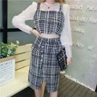 Set: Lace Long-sleeve Top + Plaid Tank Top + Plaid Midi Straight-cut Skirt