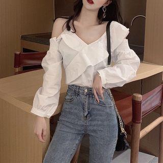 Off-shoulder Ruffle Long-sleeve Shirt White - One Size