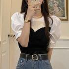 Puff Short-sleeve Color Block Knit Top