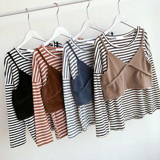 Set: Striped Long-sleeve T-shirt + V-neck Cropped Camisole Top