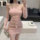 Long-sleeve Off-shoulder Lace-up Mini Bodycon Dress