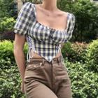 Plaid Lace-up Short-sleeve Crop Top