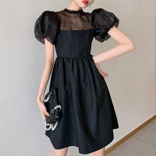 Puff-sleeve Mesh Top / Spaghetti Strap Mini A-line Dress