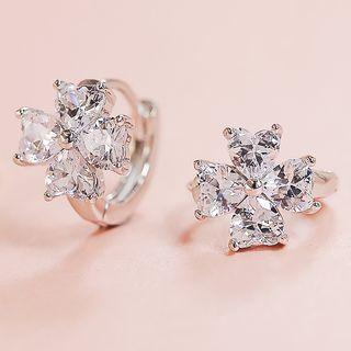 925 Sterling Silver Rhinestone Clover Hoop Earring