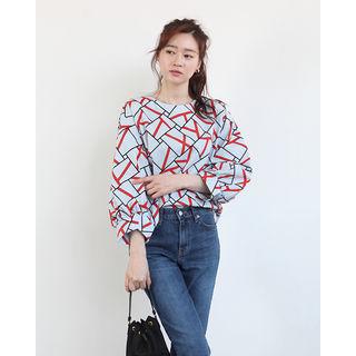 Balloon-sleeve Geometric Pattern Blouse