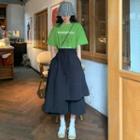 Set: Elbow-sleeve Print T-shirt + A-line Midi Skirt Set - T-shirt - Green - One Size / Midi Skirt - Black - One Size