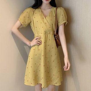 Cherry Print V-neck A-line Dress Yellow - One Size