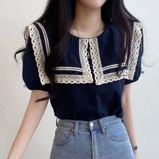 Short Sleeve Crochet Lace Collar Shirt