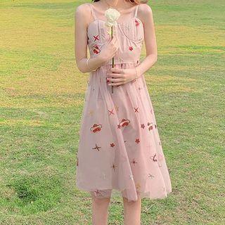 Spaghetti-strap Mesh Midi A-line Dress
