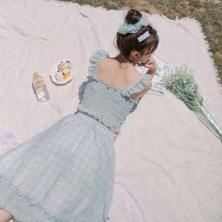 Spaghetti Strap Plaid Top / Mini A-line Skirt
