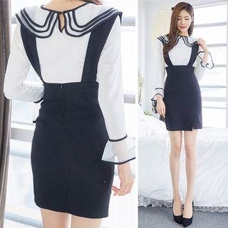 Set: Contrast Trim Long Sleeve Blouse + Suspender Mini Skirt