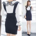 Set: Contrast Trim Long Sleeve Blouse + Suspender Mini Skirt