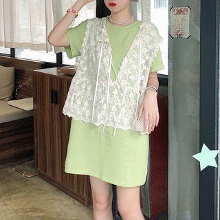 Short-sleeve Mini T-shirt Dress / Lace Vest