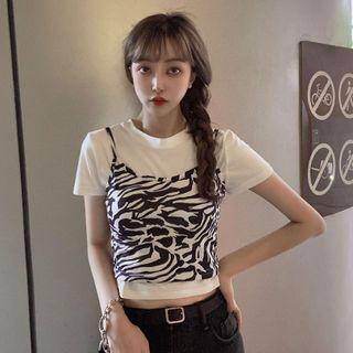 Short-sleeve Plain T-shirt / Spaghetti Strap Zebra Print Top