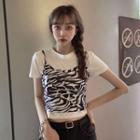 Short-sleeve Plain T-shirt / Spaghetti Strap Zebra Print Top