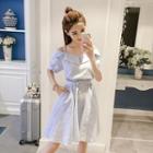 Short-sleeve Cold Shoulder Striped A-line Dress