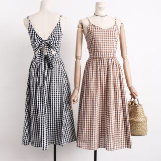Open-back Sleeveless Plaid A-line Dress