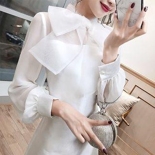 Long-sleeve Tie Neck Shift Dress
