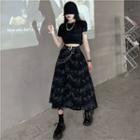 High-waist Tie-dye Print Midi A-line Skirt With Chain