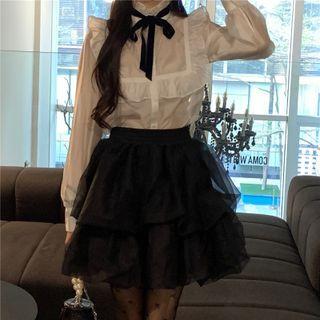 Tie Neck Blouse / Sheer A-line Skirt