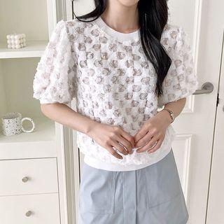 Puff-sleeve Frilled Lace T-shirt