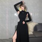 Mock-neck Long-sleeve Cutout Midi A-line Dress