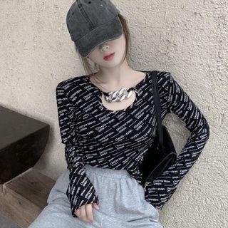 Cutout Cropped Print Long-sleeve T-shirt