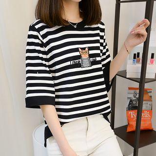 Cat Embroidered Elbow-sleeve Top