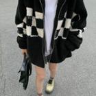 Checkerboard Fleece Lettering Zip Jacket Black & White - One Size