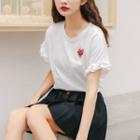 Short-sleeve Ruffle Trim Heart Embroidery T-shirt / Heart Button A-line Mini Pleated Skirt