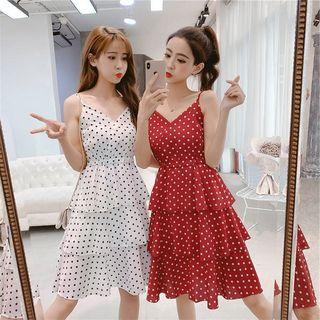 Dotted Spaghetti-strap Tiered Chiffon Dress