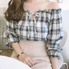 3/4-sleeve Frilled Plaid Top