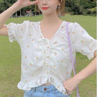 Drawstring V-neck Floral Printed Top