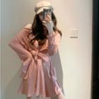 Set:plain Off-shoulder Long-sleeve Pullover + High-waist Wide-leg Skort Pink - One Size