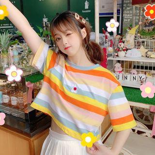 Elbow-sleeve Embroidered Flower Striped T-shirt / Cropped Tank Top