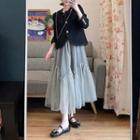 Plain Button-up Jacket / Mesh Panel Midi A-line Skirt / Set