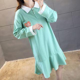Printed Collared Long-sleeve T-shirt Dress