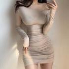 Long-sleeve Off-shoulder Mini Bodycon Dress Khaki - One Size