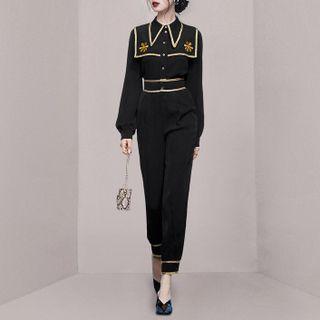 Set: Flower Embroidered Shirt + High Waist Pants