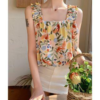 Floral Flowy Tank Top Pink & Yellow & Blue Floral - White - One Size