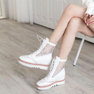 Genuine Leather Mesh Panel Hidden Wedge Platform Short Boots