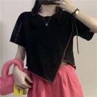 Short Sleeve Stitched Trim Asymmetrical Crop T-shirt