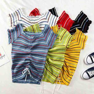 Ruffled-trim Striped Drawstring T-shirt