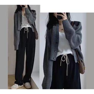 Plain Cardigan / Drawstring Straight Leg Pants