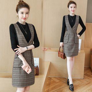 Set: Long-sleeve Top + Pocket-accent Jumper Dress