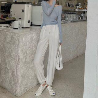 Long-sleeve V-neck Plain Sheer T-shirt / Drawstring Plain Wide-leg Pants