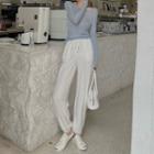 Long-sleeve V-neck Plain Sheer T-shirt / Drawstring Plain Wide-leg Pants