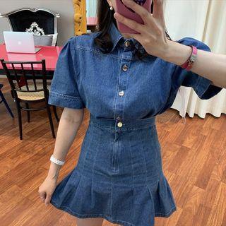 Short-sleeve Denim Shirt / High-waist Ruffled Denim Skirt