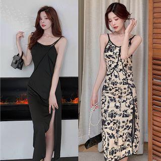 Spaghetti Strap Flower Print Side-slit Midi Sheath Dress